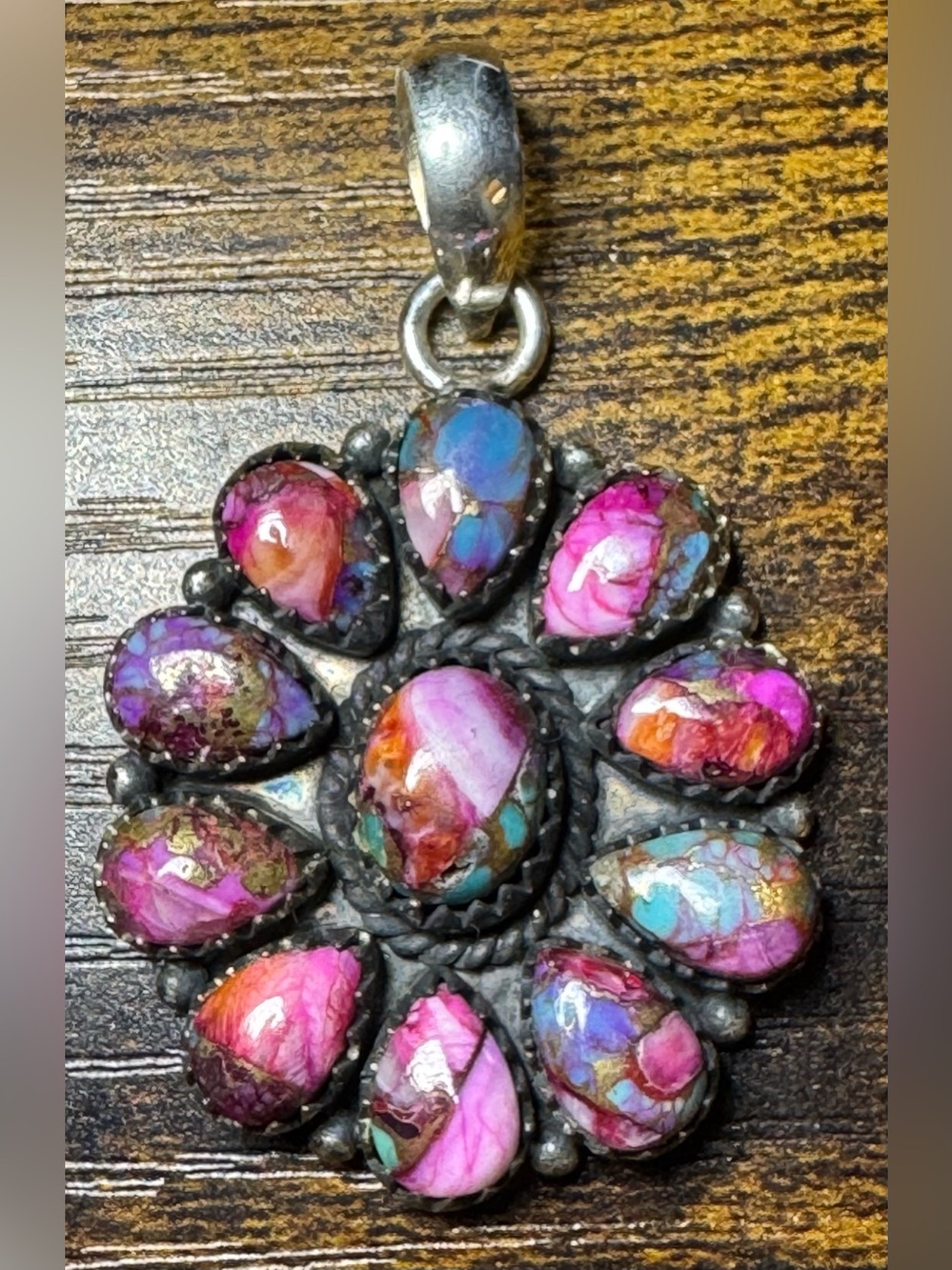Southwest Kingman Pink Dahlia Cluster Pendant set in 925 Sterling Silver